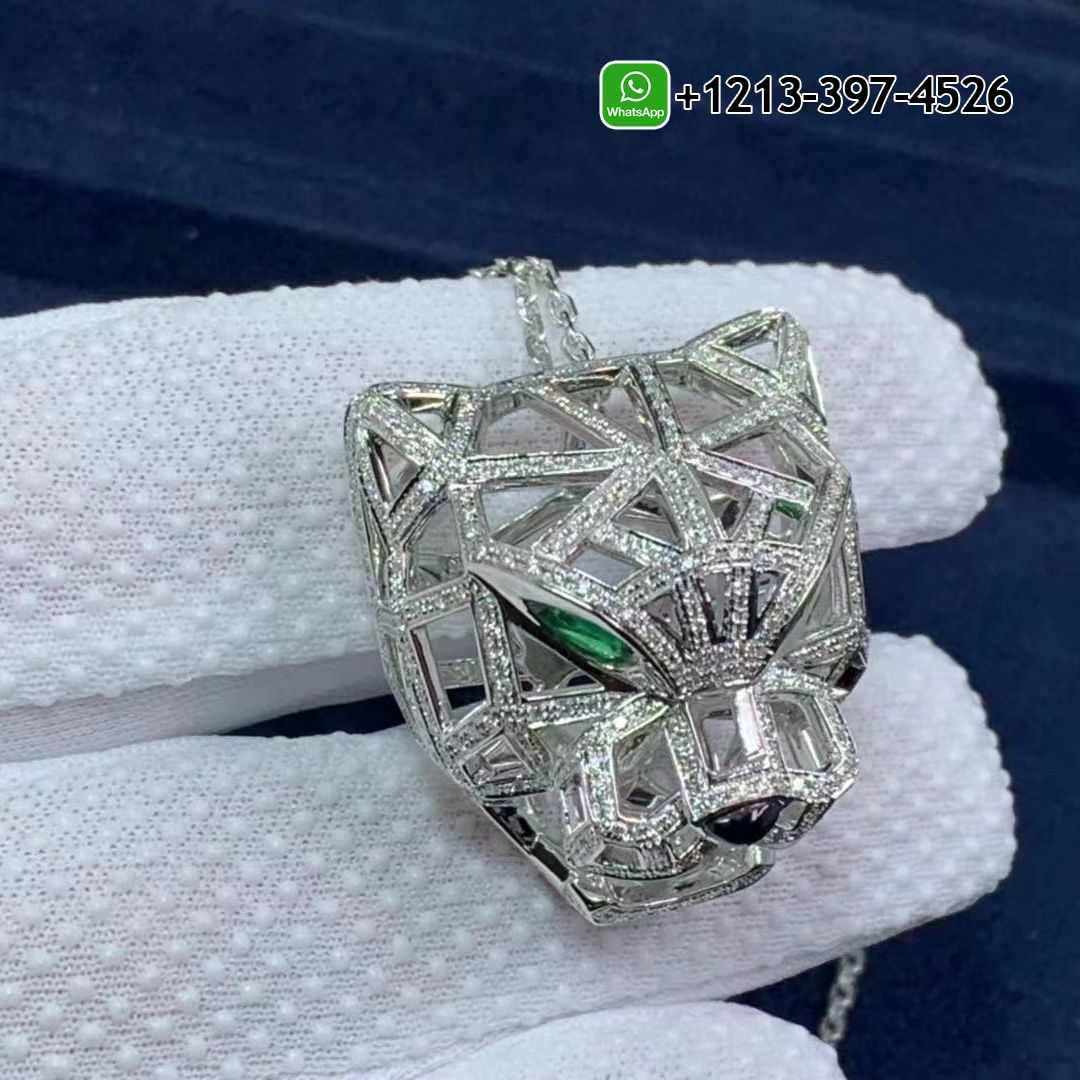 Cartier Panthere De Cartier 18k White Gold Diamond Paved & Emerald Pendant Necklace N7424209