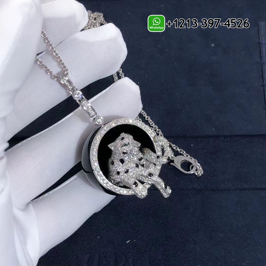 Panthere de Cartier 18k White Gold Black Jade Diamonds Onyx Emeralds Necklace N3109300