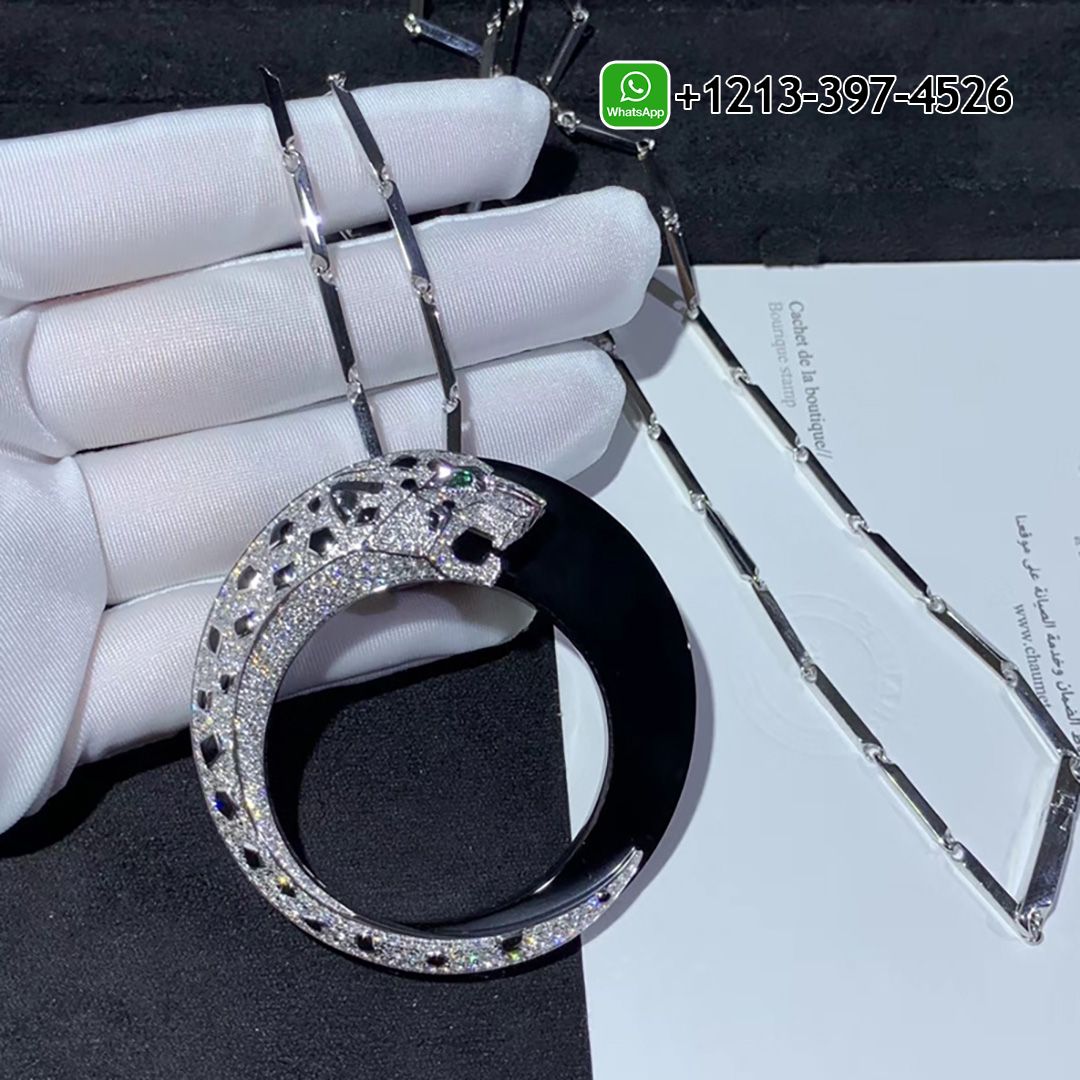 Panthere de Cartier 18k White Gold Pave Diamond Onyx Emeralds Black Ceramic Necklace HP700855