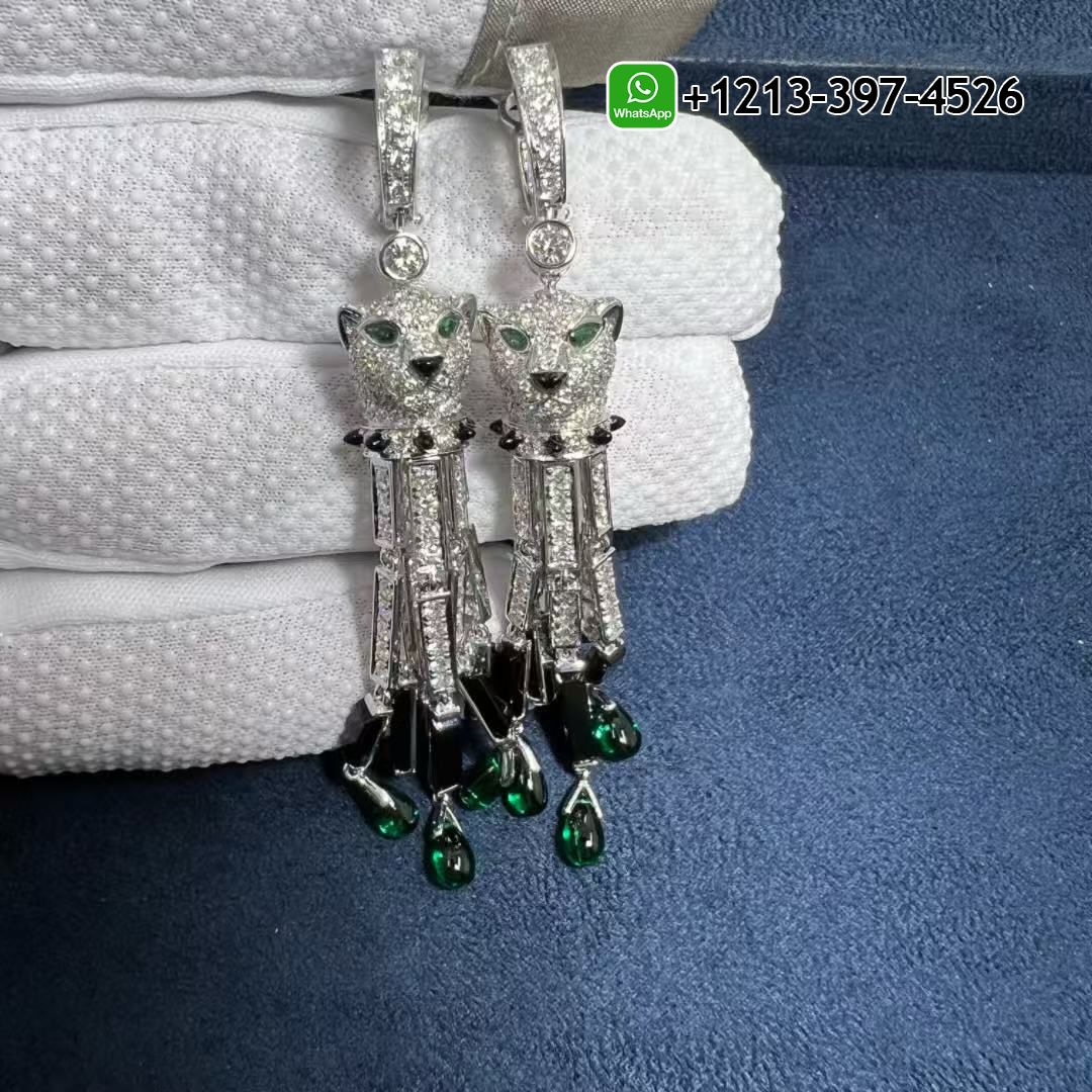Panthere de Cartier 18k White Gold Pave Diamond Onyx Emeralds Tassels Earrings HP800976