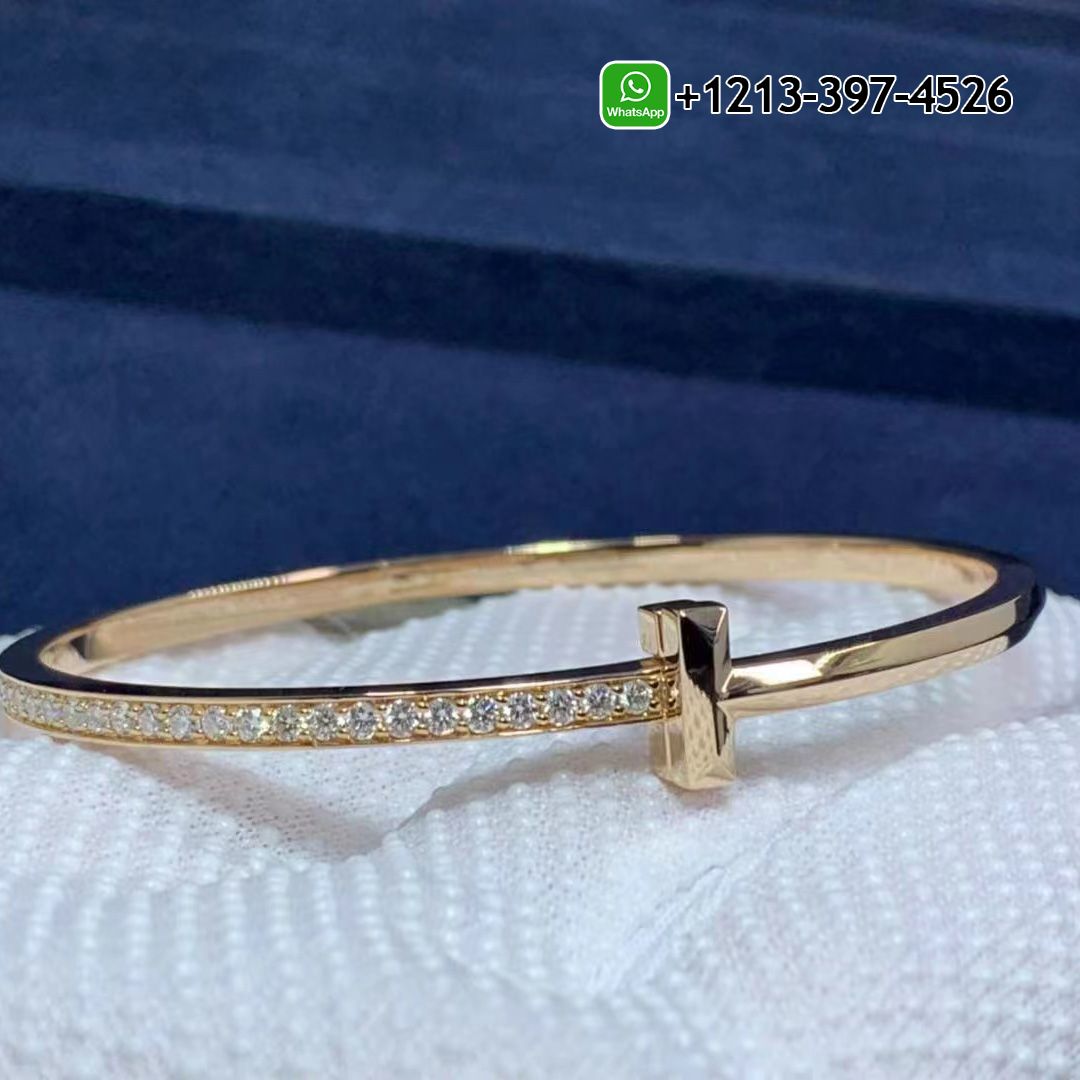 Tiffany & Co. T T1 Hinged Rose Gold with Diamonds Narrow Bangle Bracelet