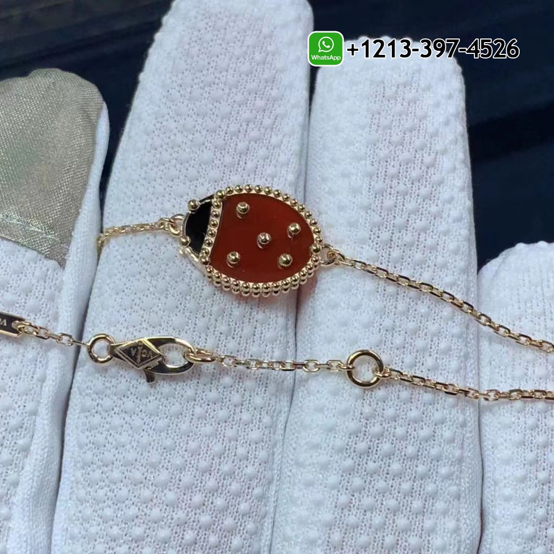 VCA Lucky Spring Closed Wings Ladybug 18k Rose Gold with Onyx & Carnelian Bracelet VCARP7R000