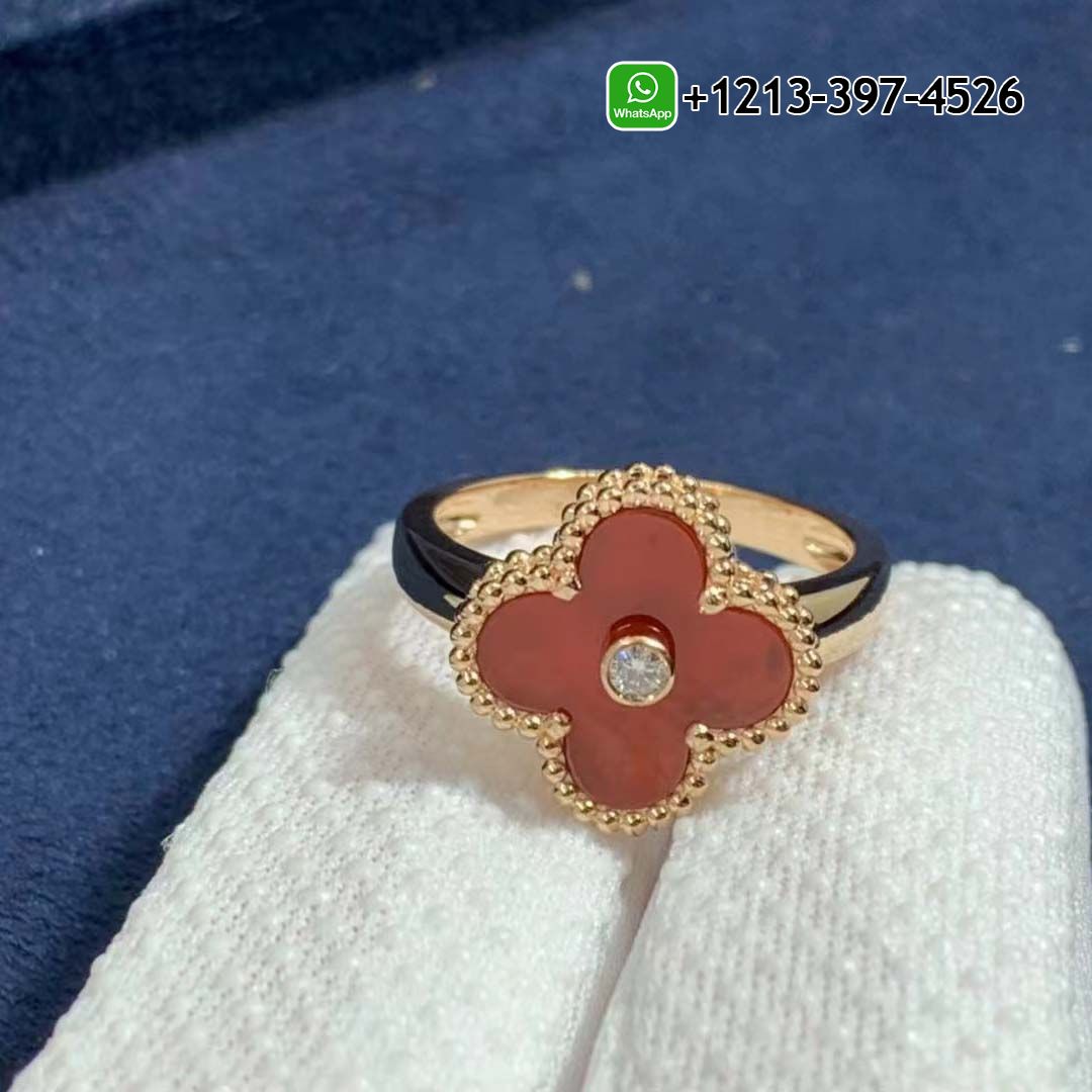 Van Cleef & Arpels 18K Rose Gold Carnelian & Diamond Vintage Alhambra Ring