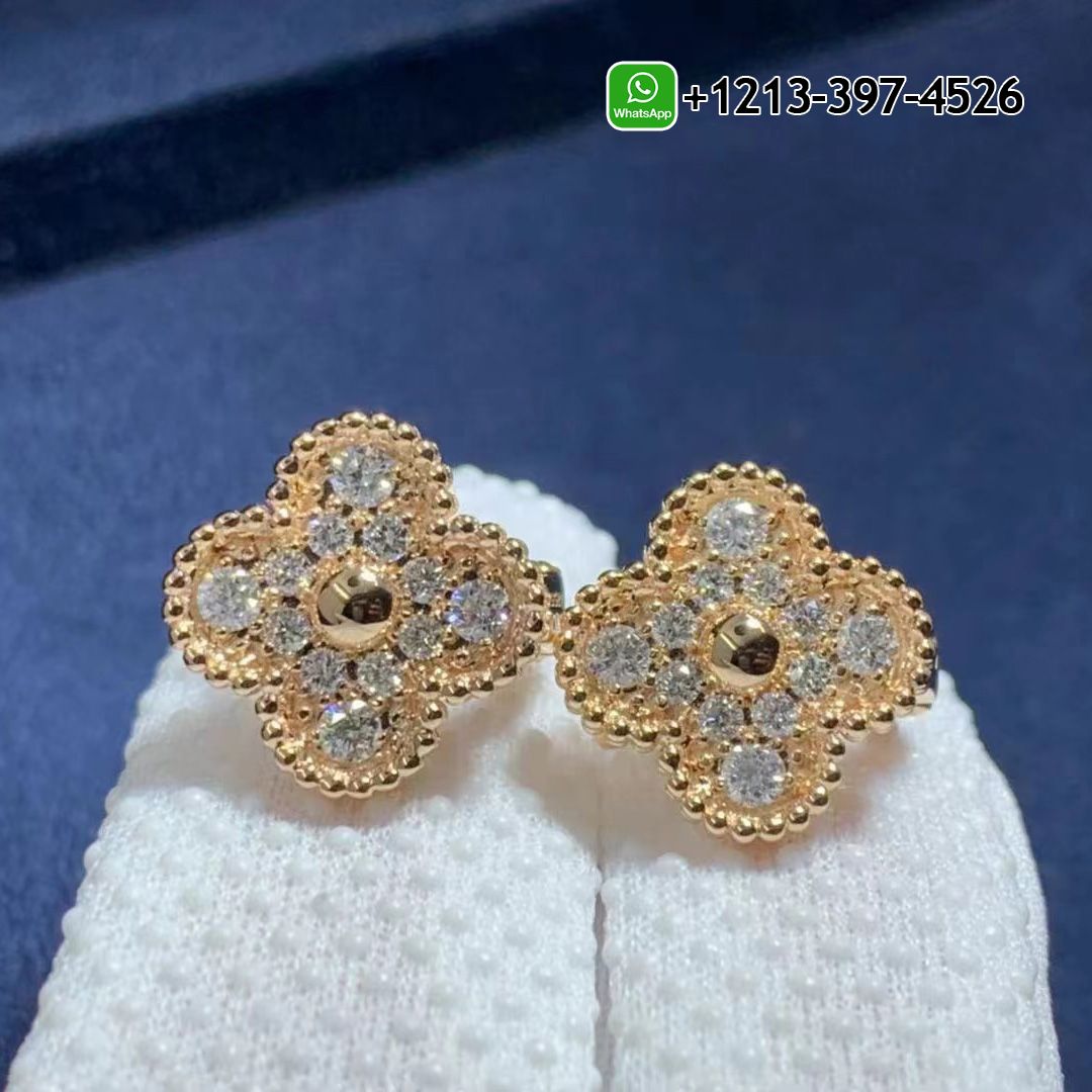 Van Cleef & Arpels 18K Rose Gold Diamond Paved Vintage Alhambra Earrings VCARP2R500