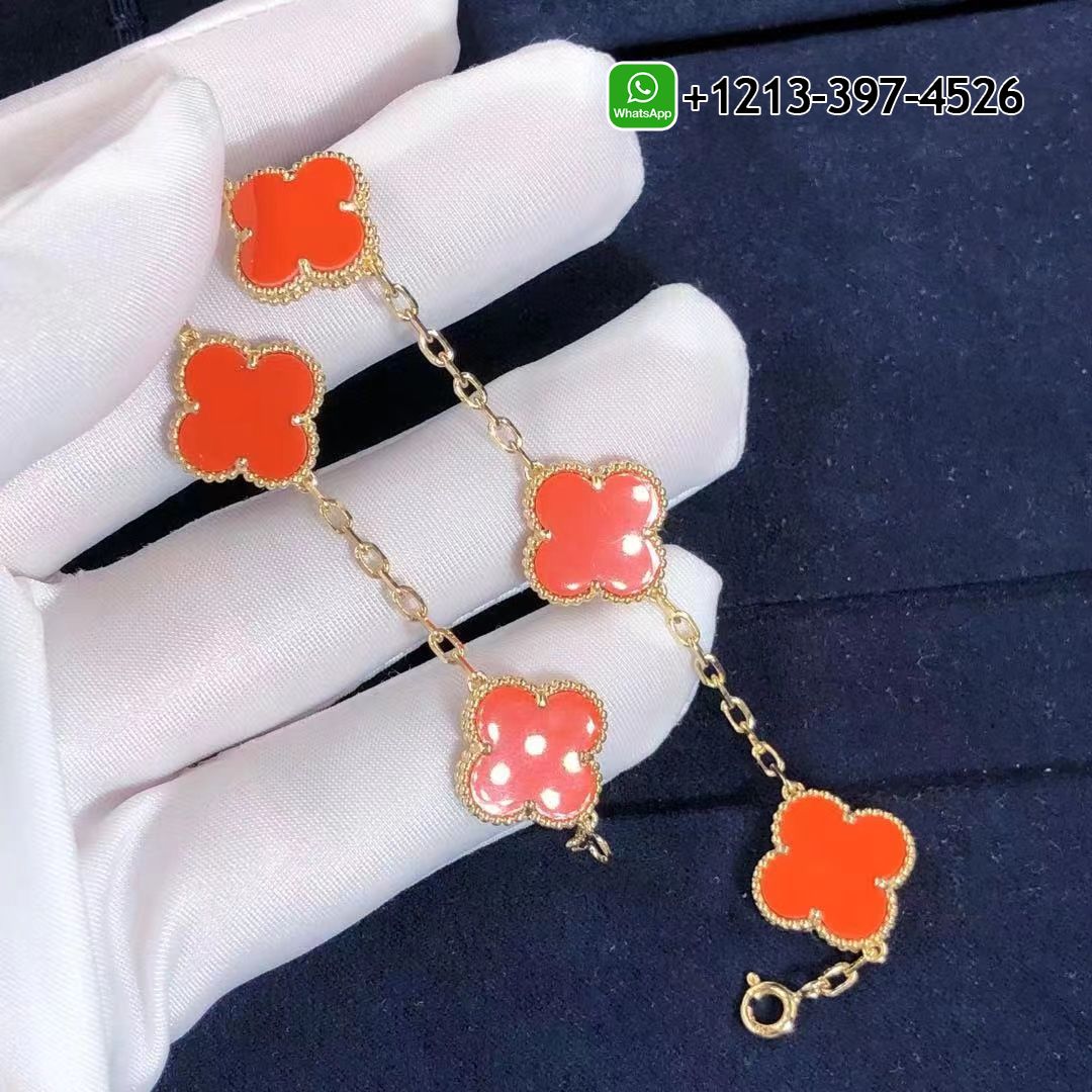 Van Cleef & Arpels 18K Yellow Gold Coral 5 Motifs Vintage Alhambra Bracelet