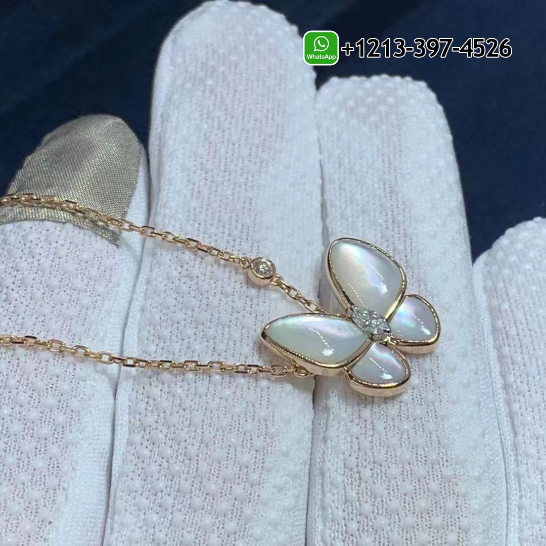 Van Cleef & Arpels 18k Pink Gold Mother of Pearl and Diamond Two Butterfly Pendant Necklace VCARO8FO00
