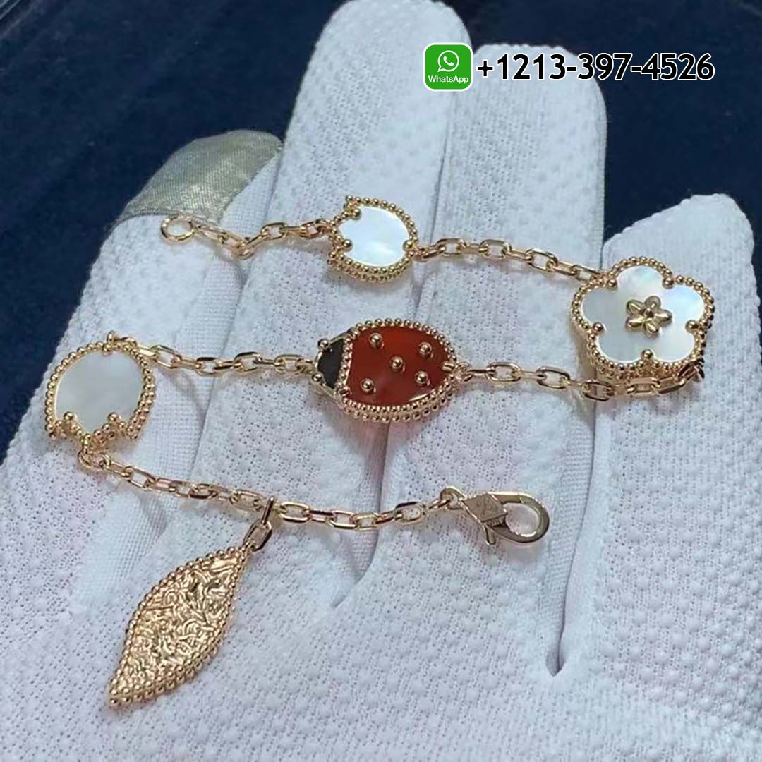 Van Cleef & Arpels Lucky Spring 5 Motifs 18k Rose Gold Mother-of-pearl, Carnelian, Onyx Bracelet VCARP7RR00