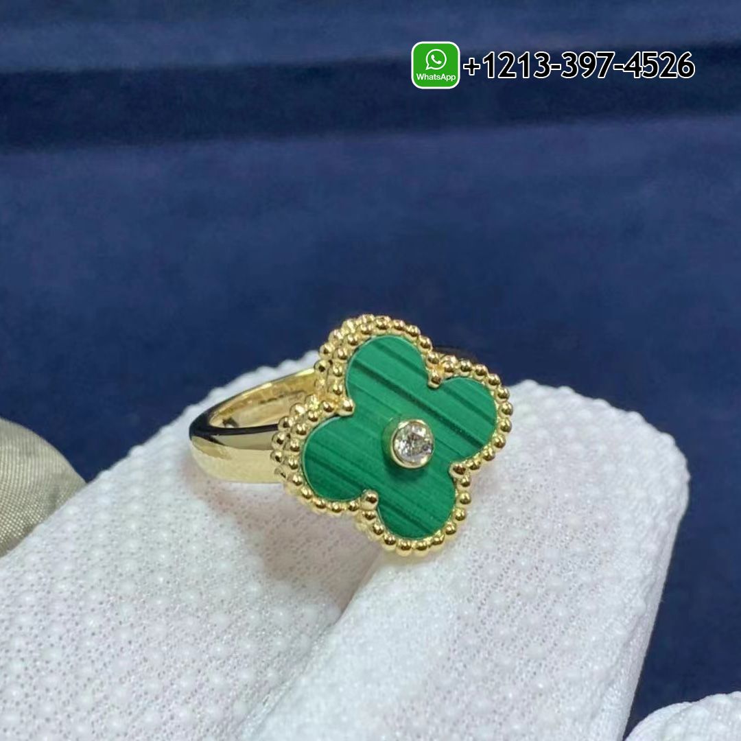 Van Cleef & Arpels Vintage Alhambra Malachite Diamond 18k Yellow Gold Ring VCARO3QM00