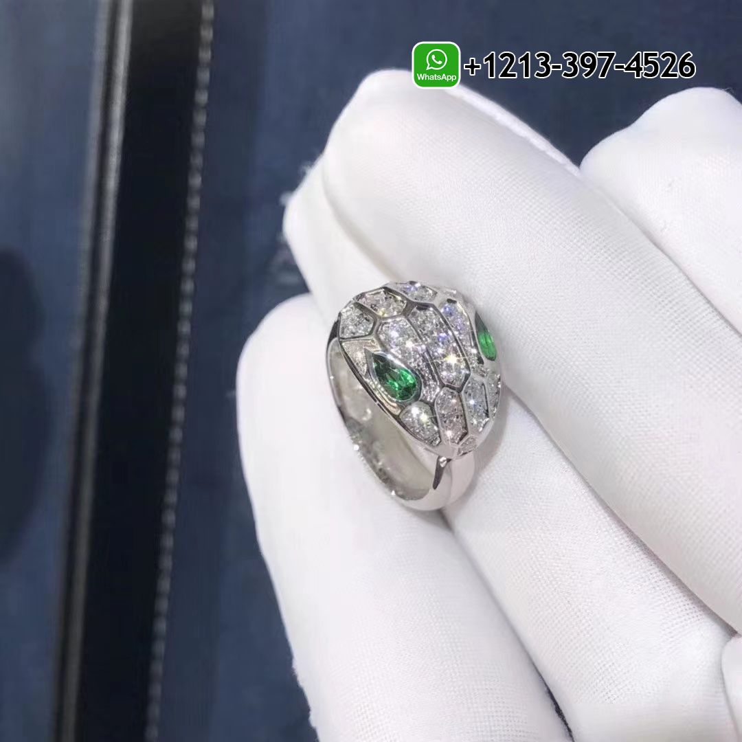 Bulgari 18K White Gold Diamond Emerald Serpenti Seduttori Ring