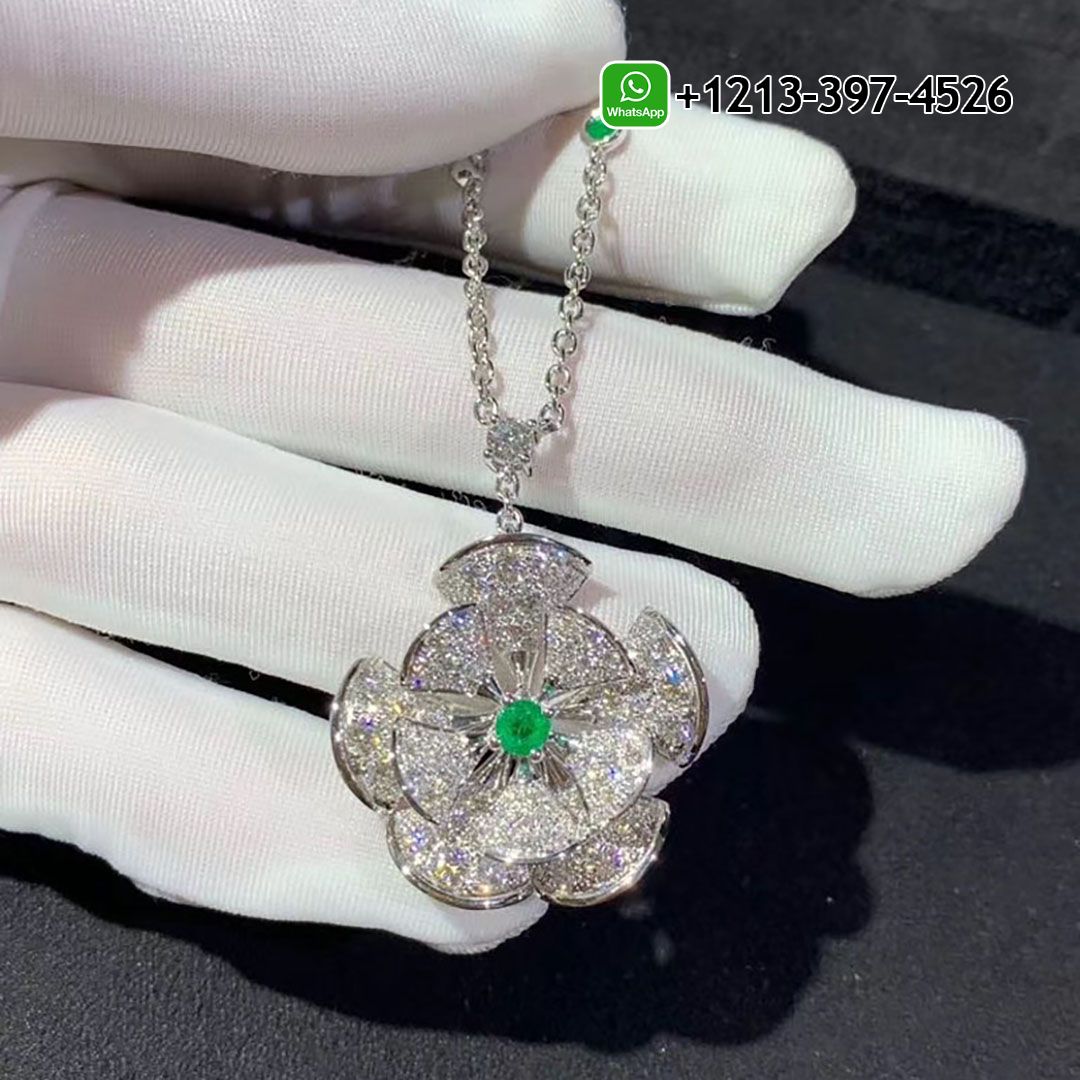 Bvlgari Divas’ Dream 18k White Gold Pave Diamond & Emeralds Pendant Necklace