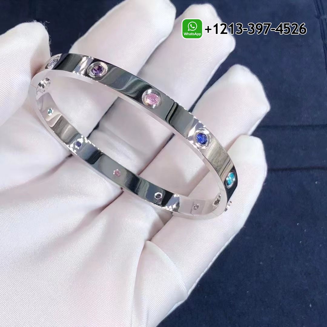 Cartier 18k White Gold 10 Multi Gemstones Rainbow Love Bracelet