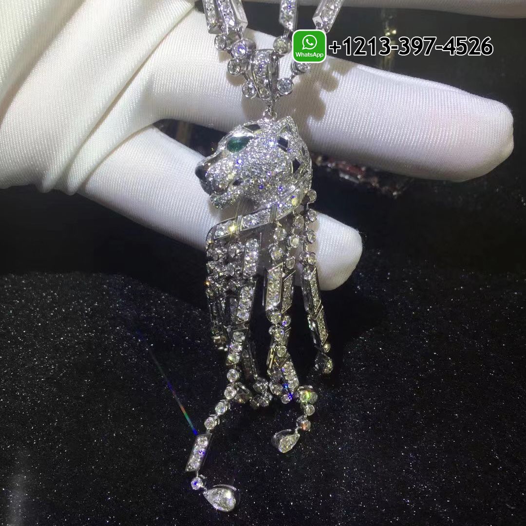 Panthere de Cartier Pave Diamonds Emeralds Onyx 18k White Gold High Jewelry Necklace H7000546