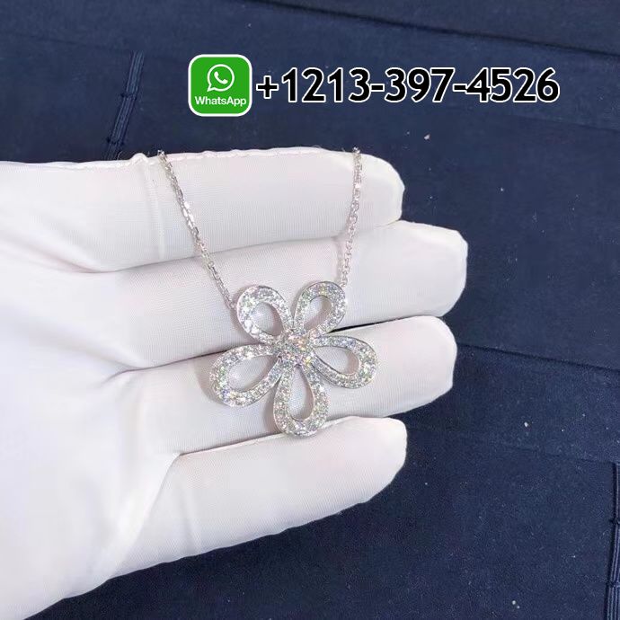 Van Cleef & Arpels 18K White Gold Diamond Flowerlace Pendant Necklace VCARP05200