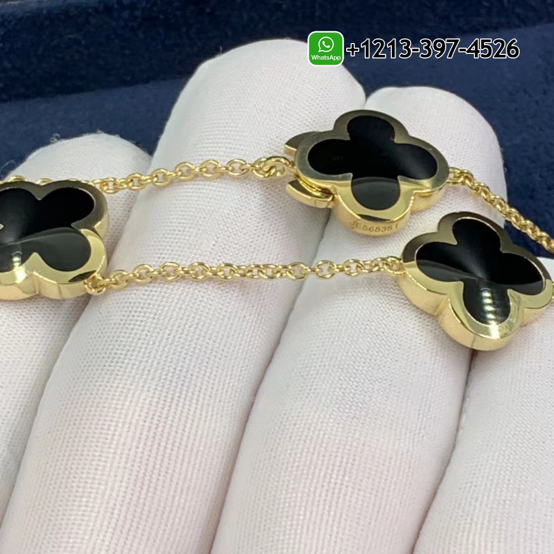 Van Cleef & Arpels 18K Yellow Gold Onyx Pure Alhambra 9 Motif Long Necklace