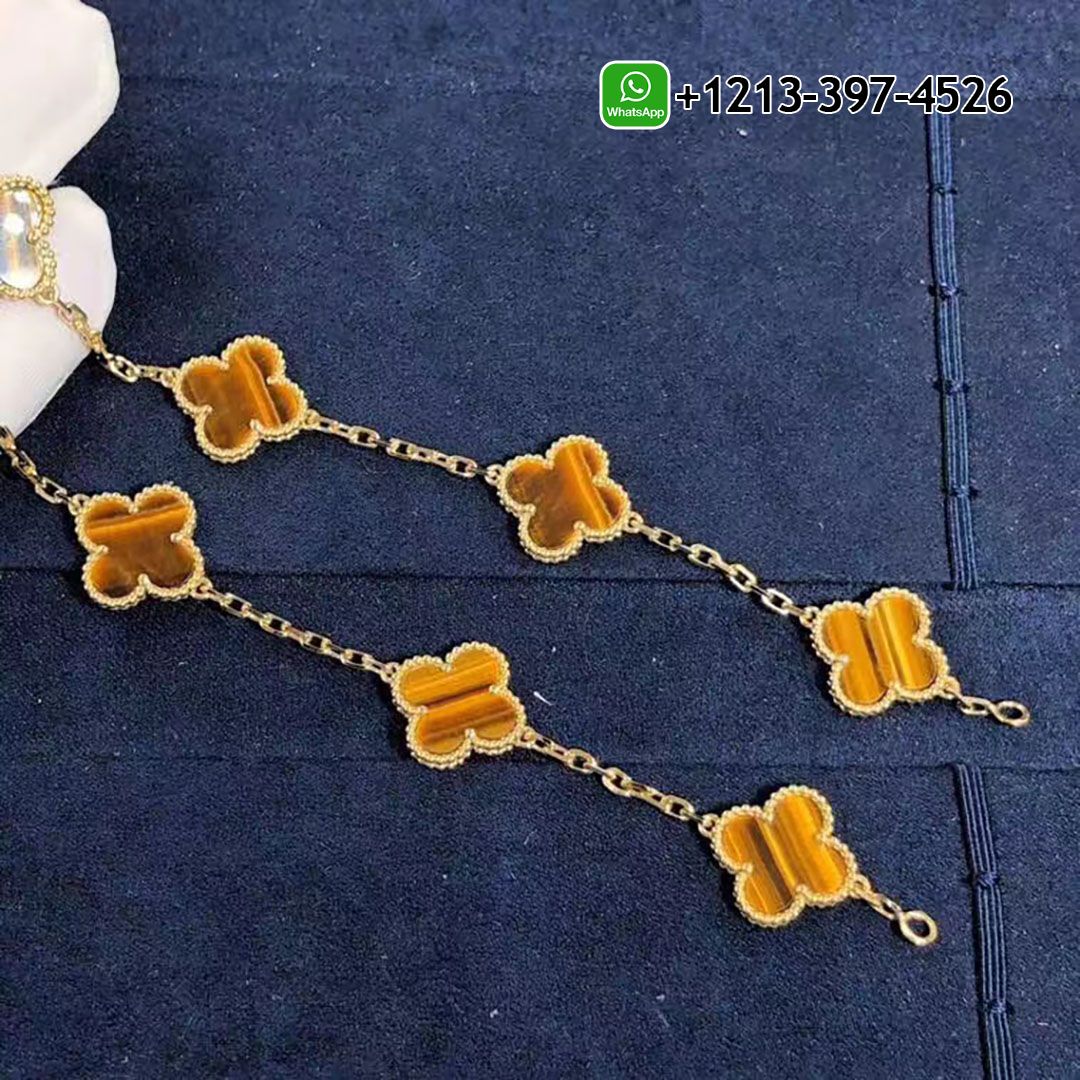 Van Cleef & Arpels 18K Yellow Gold Tiger Eye 10 Motifs Vintage Alhambra Necklace VCARD40700