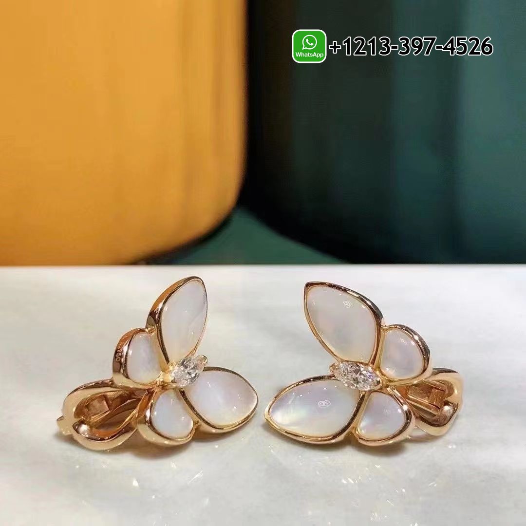 Van Cleef & Arpels 18k Rose Gold Diamond Mother of Pearl Two Butterfly Earrings VCARO8FN00
