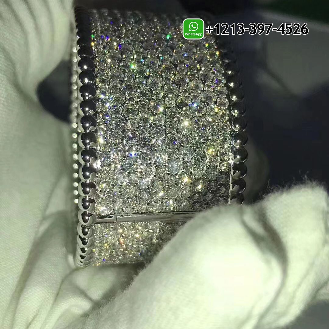 Van Cleef & Arpels 18k White Gold Full Pave Diamonds Wide Perlee Bracelet