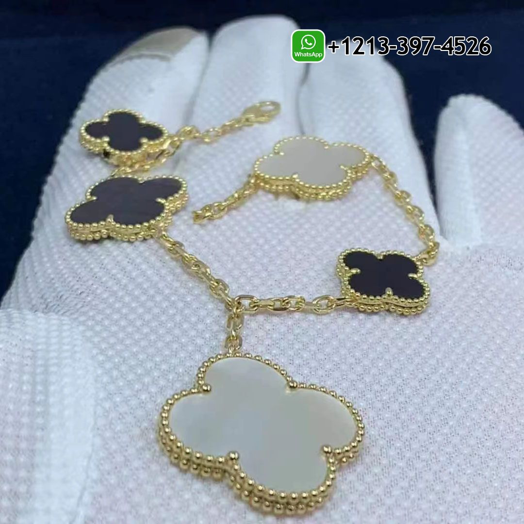 Van Cleef & Arpels 18k Yellow Gold 5 Motif Onyx Mother of Pearl Magic Alhambra Bracelet VCARD78700