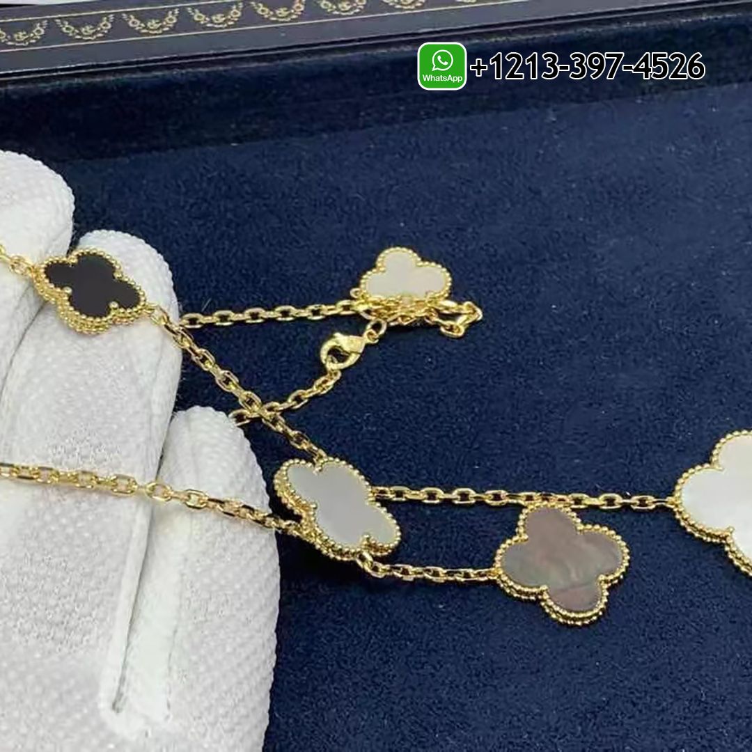 Van Cleef & Arpels 18k Yellow Gold Mother Of Pearl & Onyx Magic Alhambra 6 Motifs Necklace VCARD79200