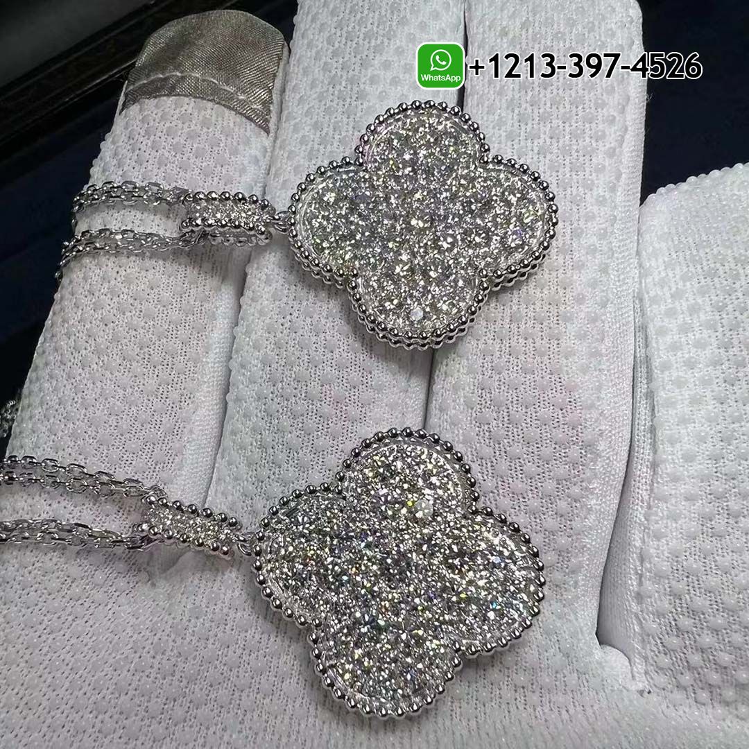 Van Cleef & Arpels Magic Alhambra 1 Motif Full Diamond Paved 18k White Gold Long Necklace VCARO49O00