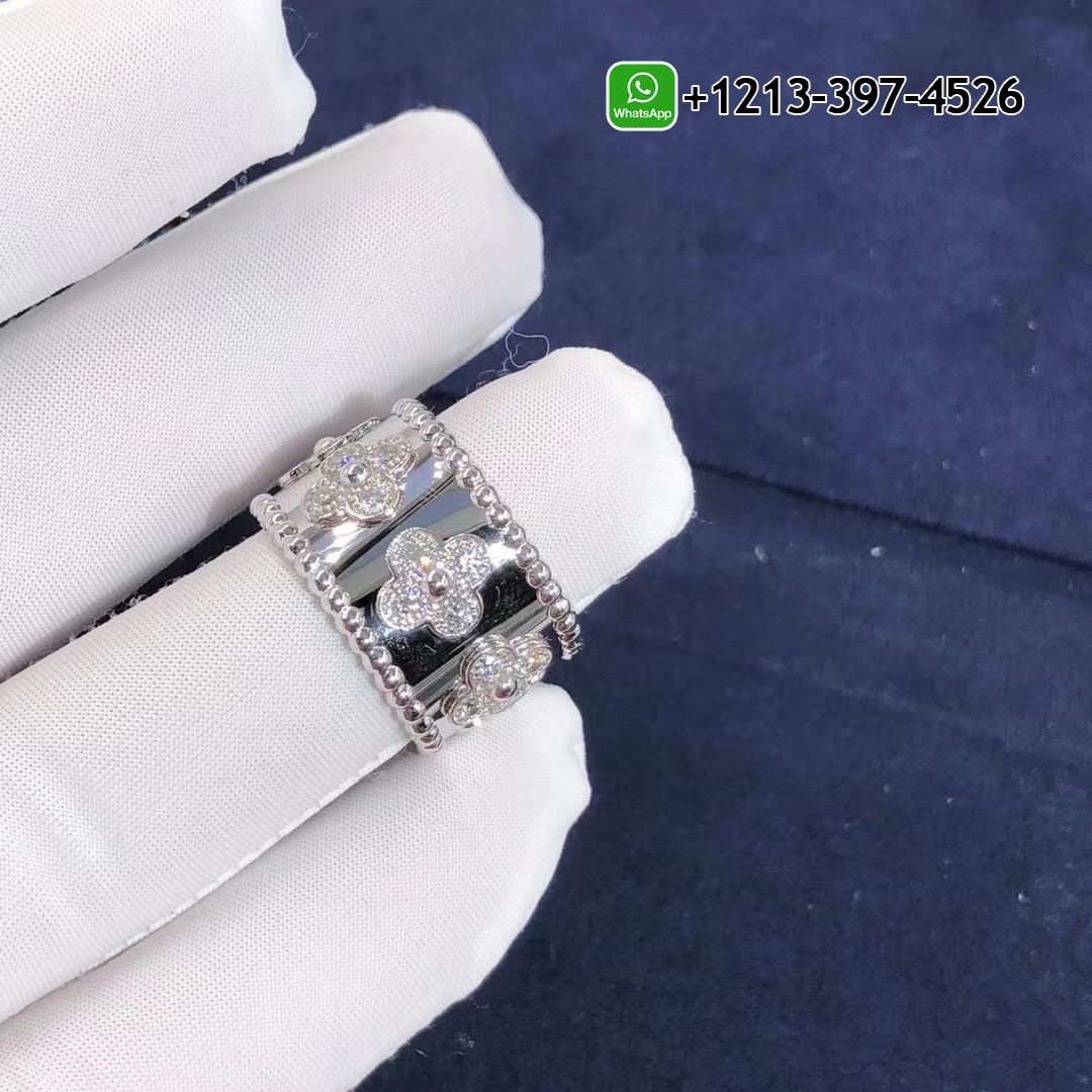 Van Cleef & Arpels White Gold Diamond Perlee Clovers Medium Ring VCARO9LP00