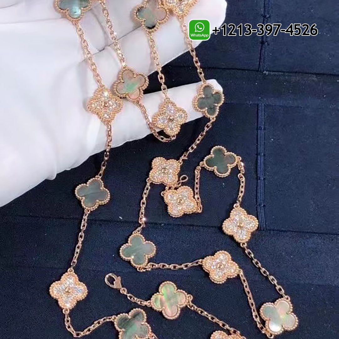 Van Cleef Vintage Alhambra 18k White Gold 20 Motif Diamond & Gray Mother of Peal Long Necklace VCARP2R000