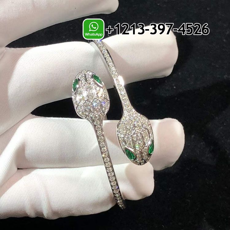 Bulgari Serpenti 18 kt white gold set with emerald eyes and pavé diamonds bracelet 356522