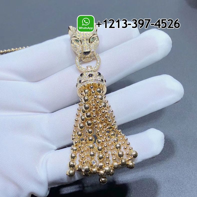 Cartier Panthere de Cartier Pave Diamonds Onyx Emeralds 18k Yellow Gold Tassels Necklace N7424213