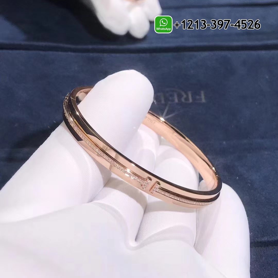 Tiffany T Diamond Hinged 18k Rose Gold Bangle Bracelet