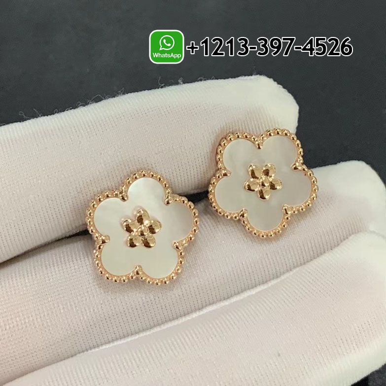 Van Cleef & Arpels 18K Rose Gold Mother of Pearl Lucky Springs Plum Blossom Earrings VCARP7RU00