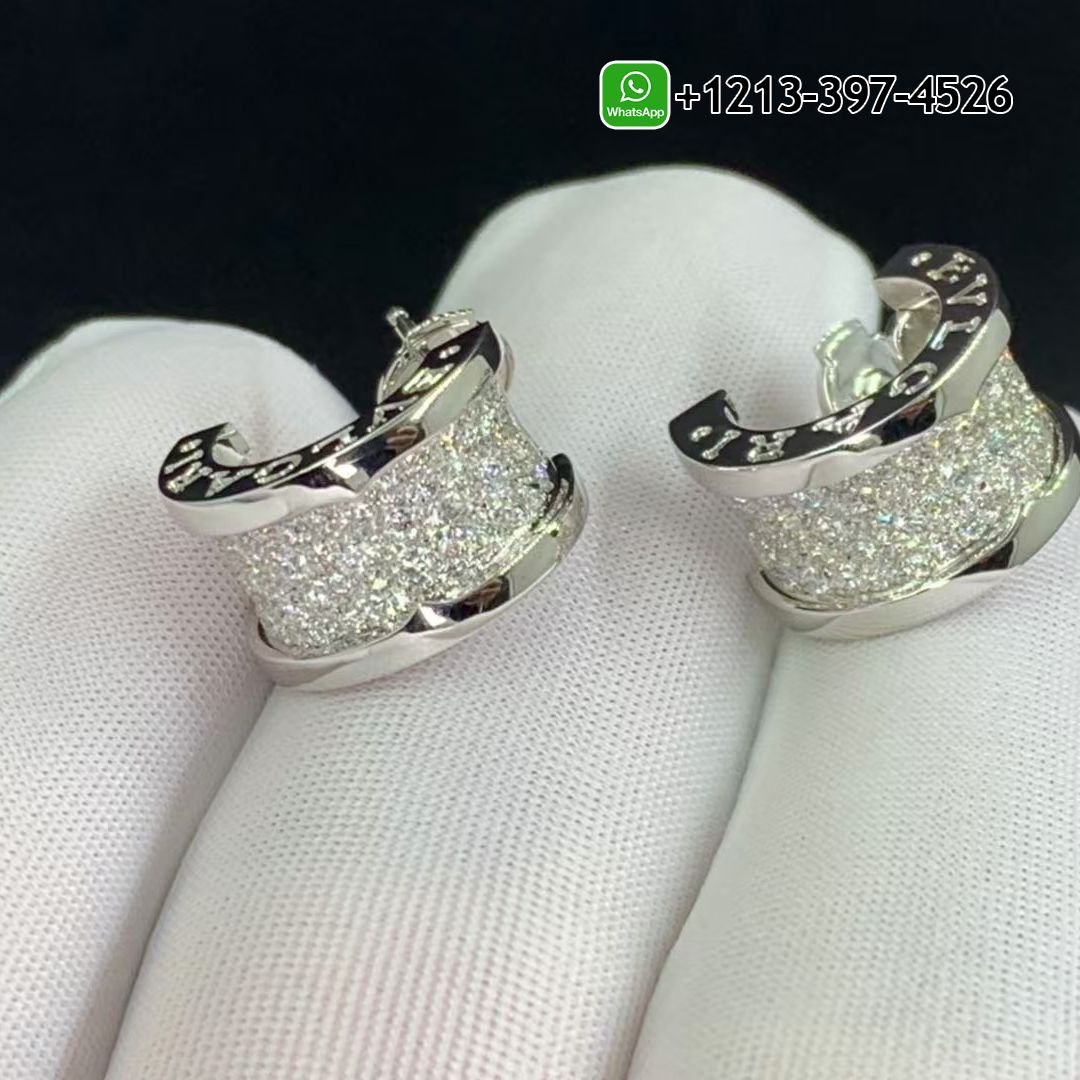 Bvlgari 18k White Gold Full Pave Diamond B.Zero1 Hoop Earrings