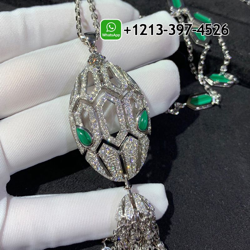 Bvlgari Serpenti 18 kt white gold necklace with tassel set with a diamond, pavé diamonds and malachite eyes