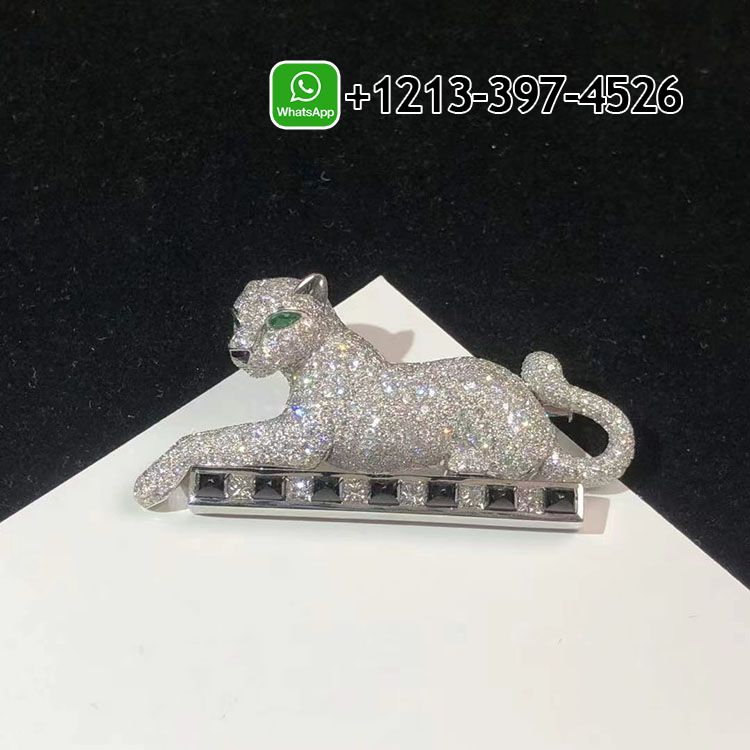 Cartier 18k White Gold Pave Diamond Pearl Onyx Emerald Panthère de Cartier Brooch H5000027