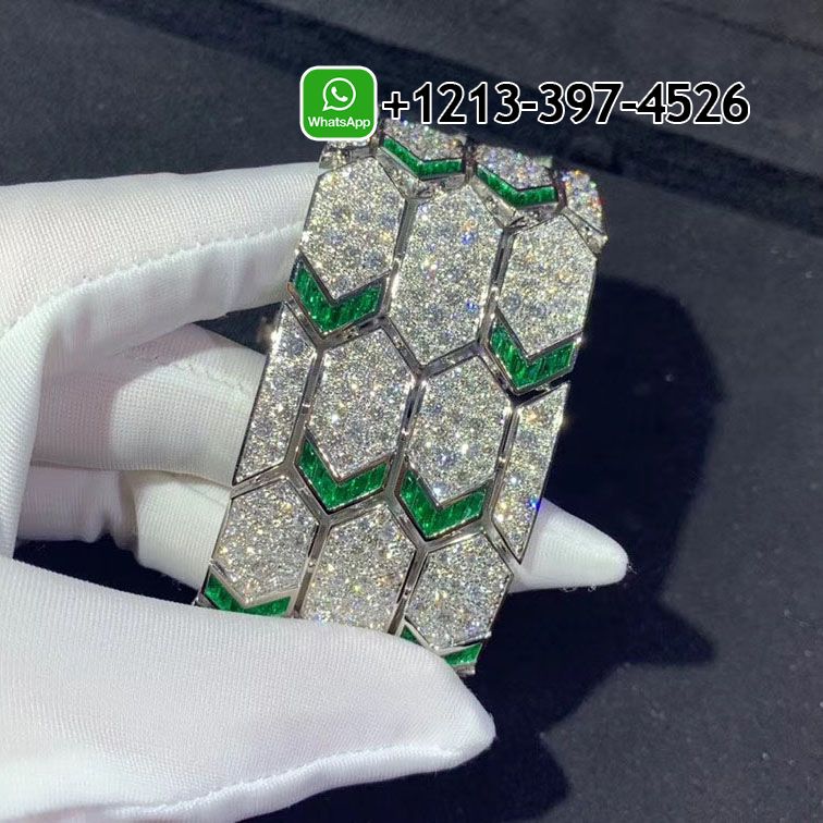 Bvlgari Serpenti 18K White Gold Full Pave Diamond Emerald Bracelet