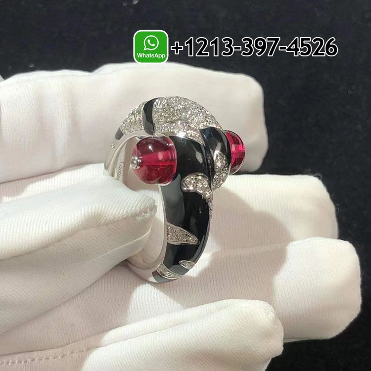 Cartier Beautés du Monde 18k White Gold Diamonds,Rubellite, Onyx High Jewelry Ring H4390500