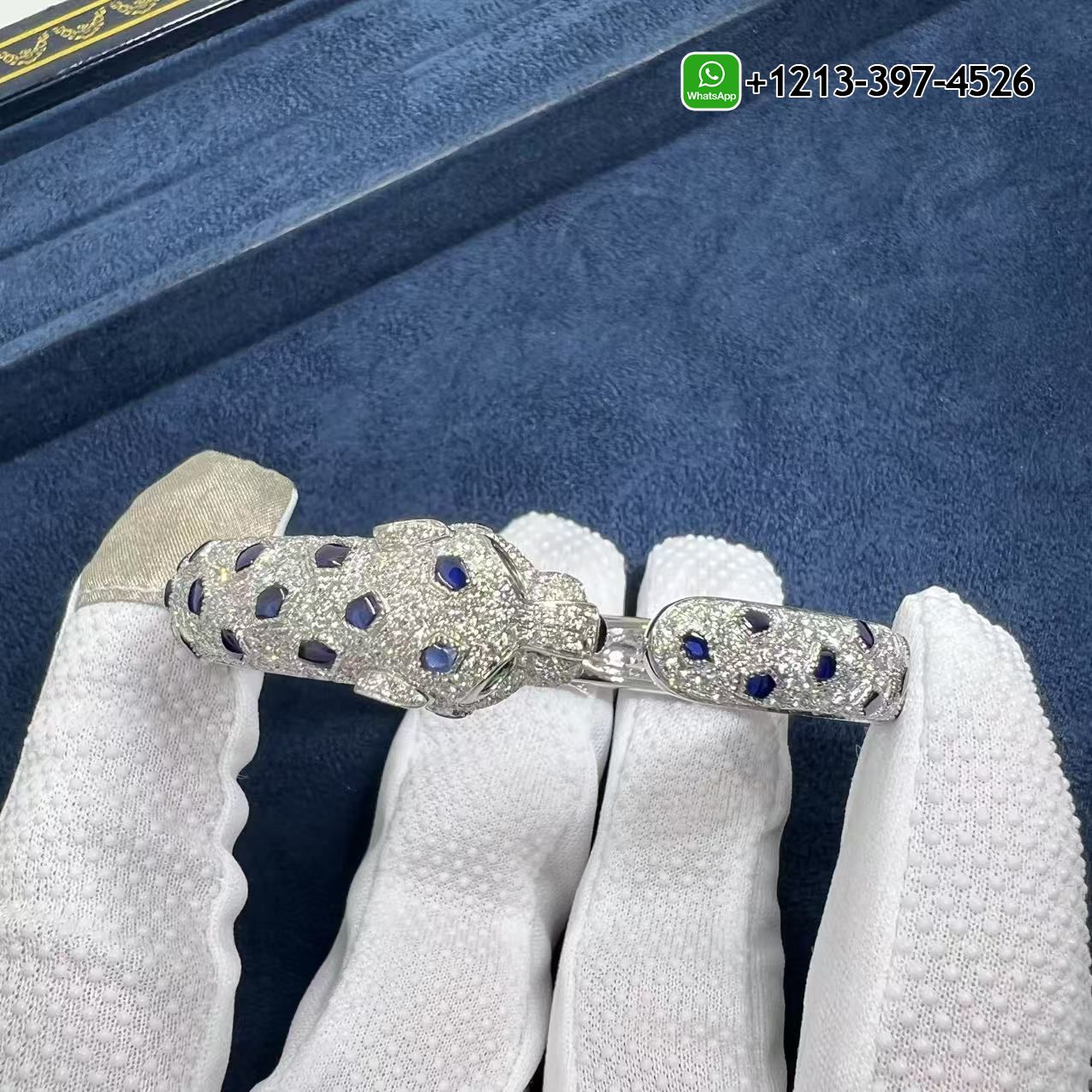 Cartier 18k White Gold Full Pave Diamonds Sapphires Emerald Onyx Panthere de Cartier Bracelet N6720617