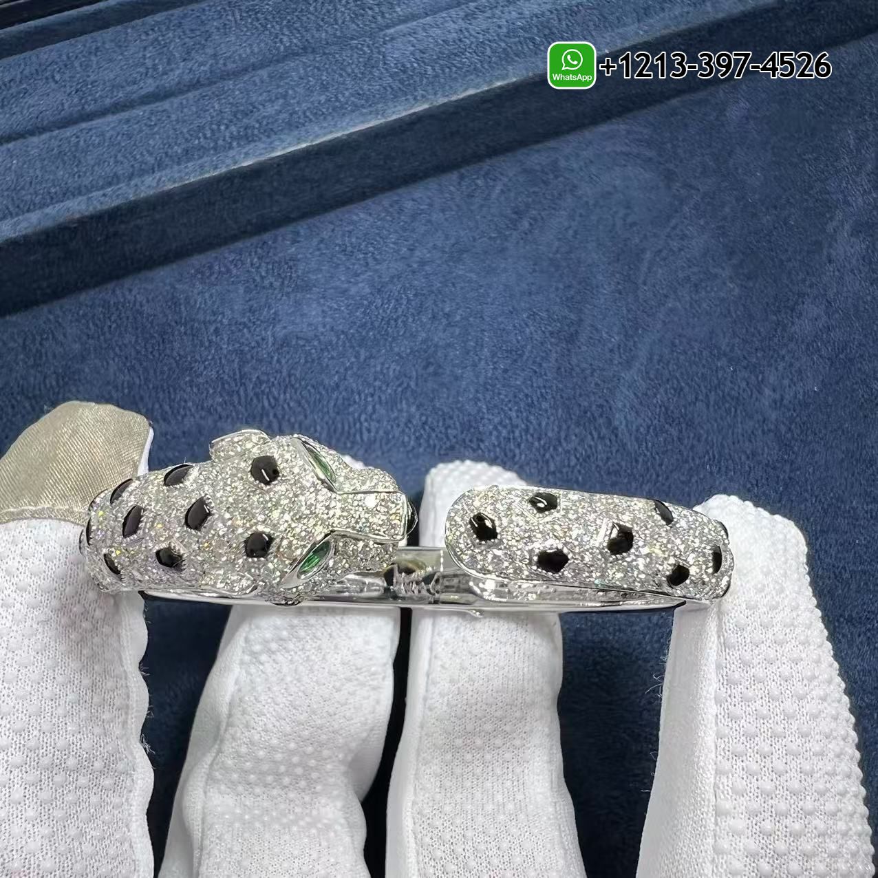 Cartier Panthere De Cartier Full Pave Diamond Emeralds Onyx 18k White Gold Bracelet N6722417