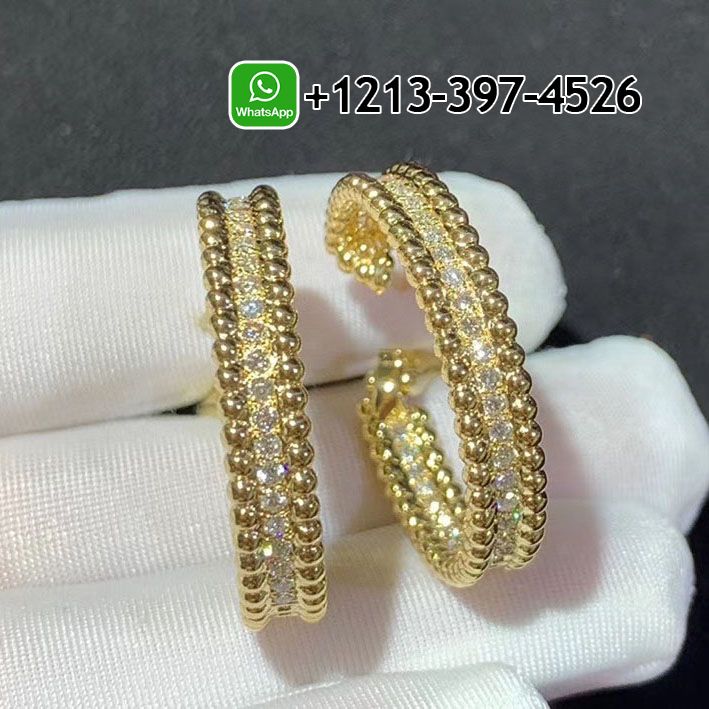 Van Cleef Arpels 18K Yellow Gold Diamond Perlee Hoop Earrings