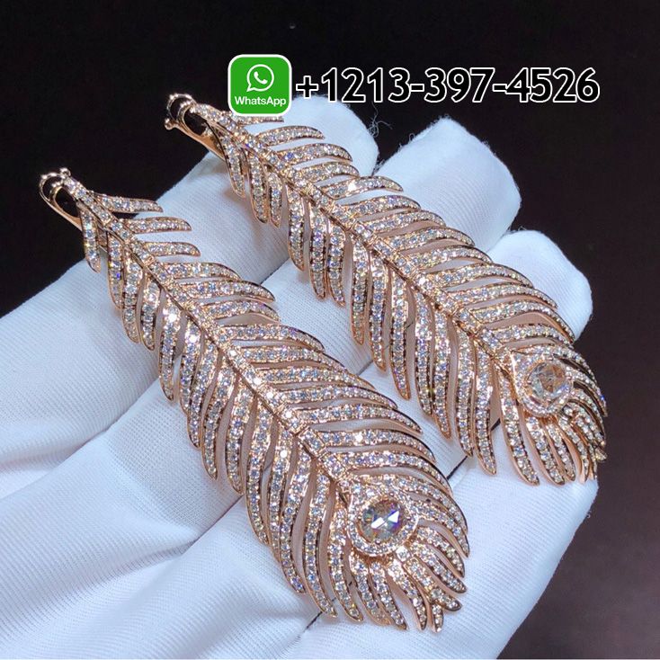 Boucheron Plume de Paon 18k Rose Gold Pave Diamond Feather Pendant Earrings JCO01236