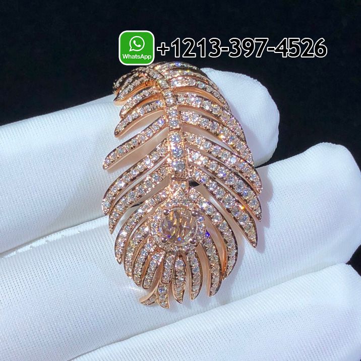 Boucheron Plume de Paon 18k Rose Gold Pave Diamond Feather Large Ring JRG02807