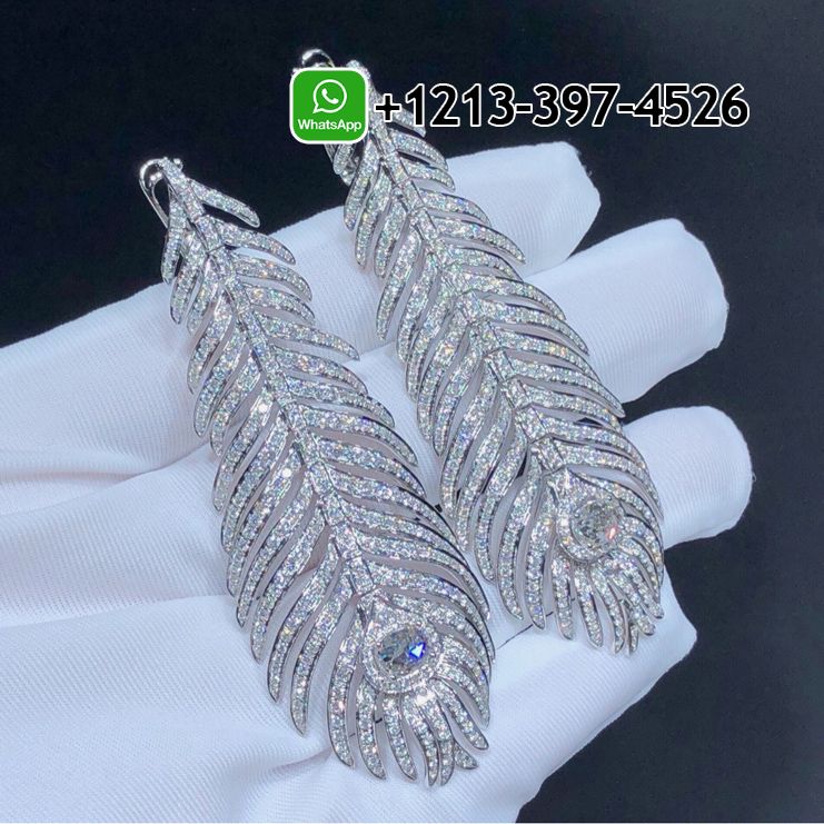 Boucheron Plume de Paon 18k White Gold Pave Diamond Feather Pendant Earrings JCO01073