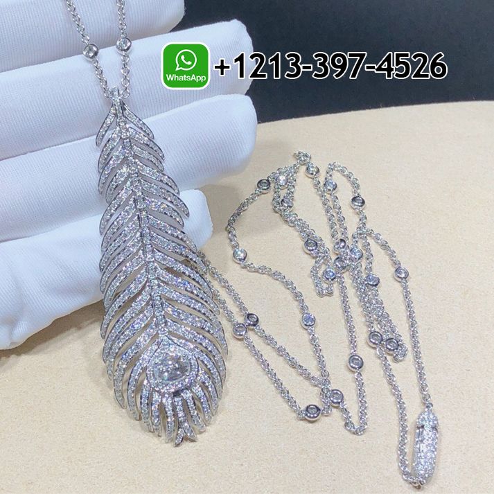 Boucheron Plume de Paon 18k White Gold Pave Diamond Feather Pendant Neckloace JPN00514