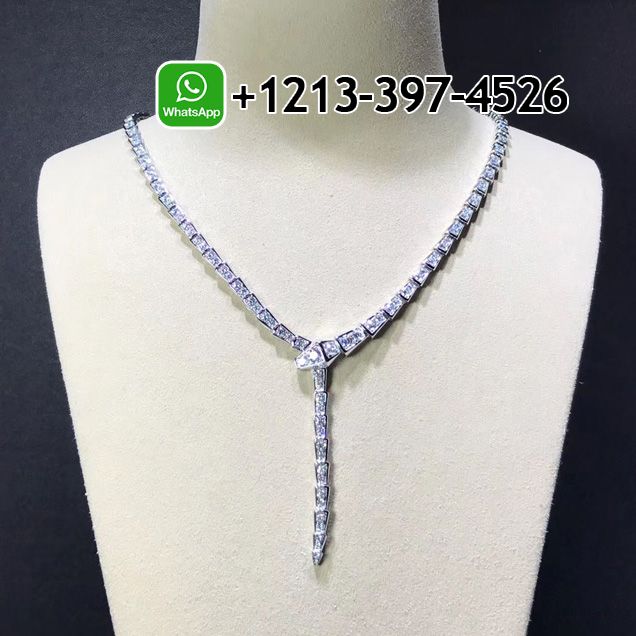 Bvlgari 18k White Gold Full Pave Diamonds Serpenti Viper Slim Necklace 351090