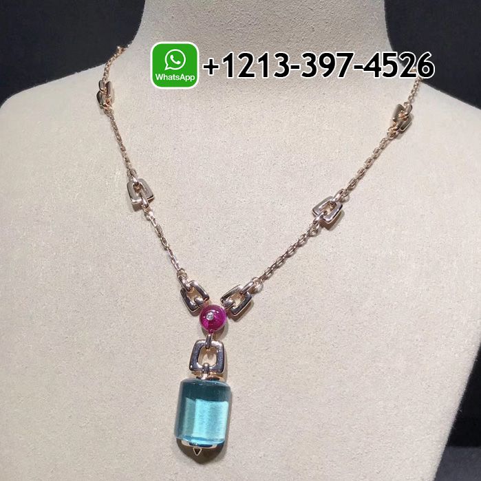 Bvlgari Mvsa Necklace in 18 Kt Pink Gold with Blue Topaz Rubellite Beads and Diamond
