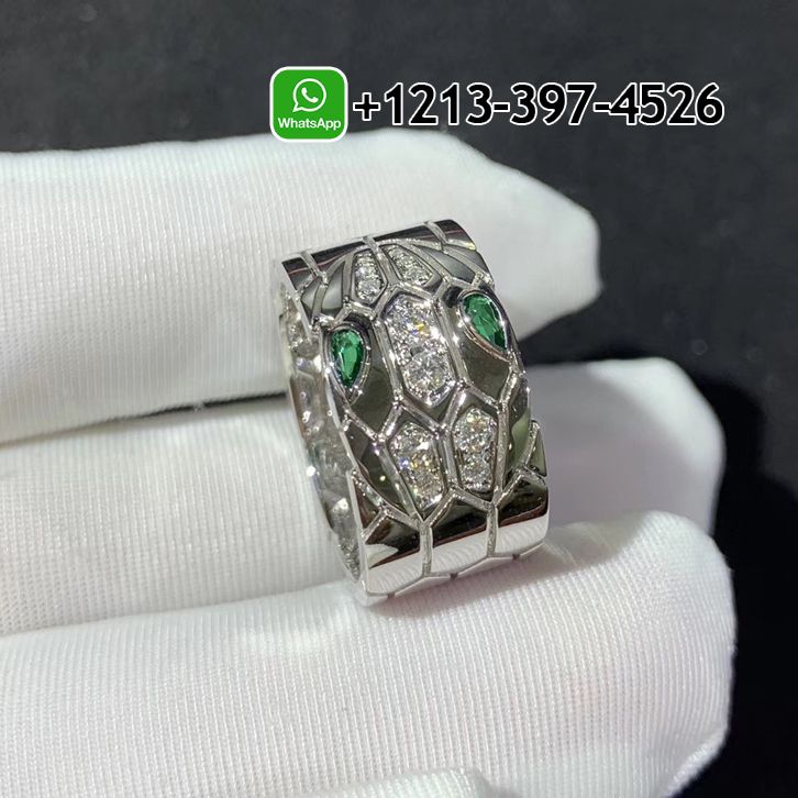 Bvlgari Serpenti Seduttori Diamond And Emeralds 18K White Gold Ring AN857663