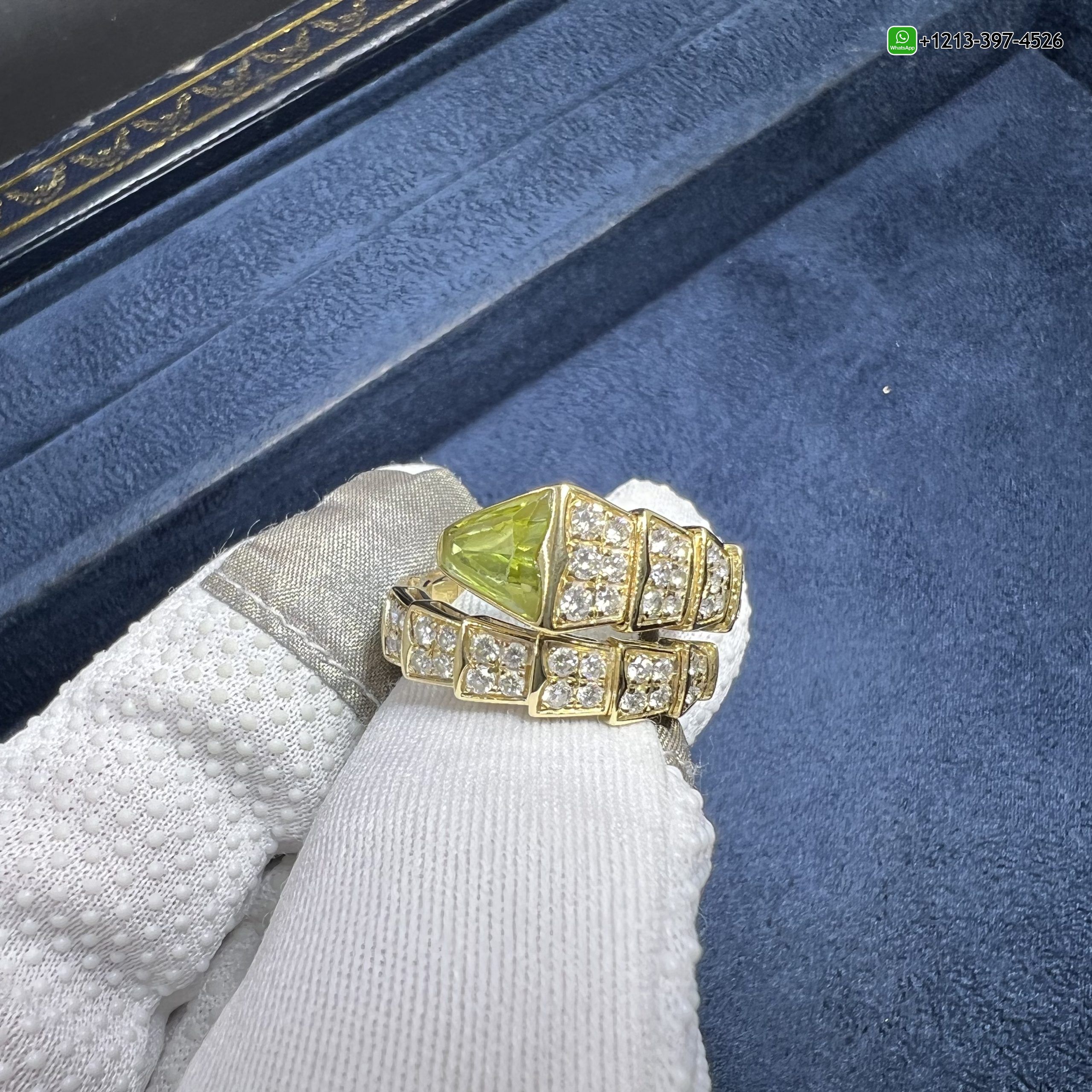 Bvlgari Serpenti Viper 18k Yellow Gold Full Pavé Diamonds & Peridot One-coil Ring AN856157
