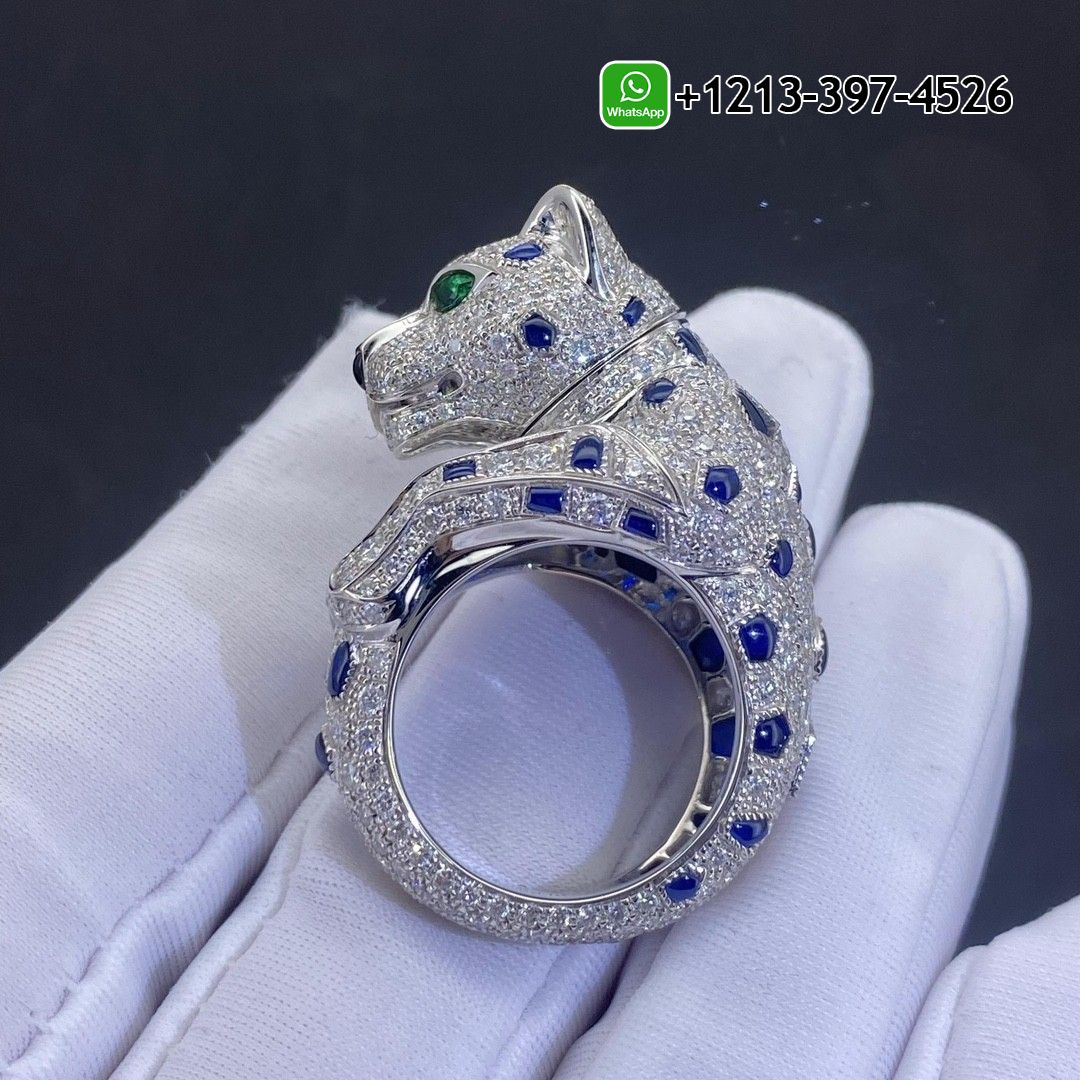 Custom Solid Cartier Platinum Diamond Sapphire Spots Onyx and Emerald Eyes Panthere de Cartier Ring H4078352