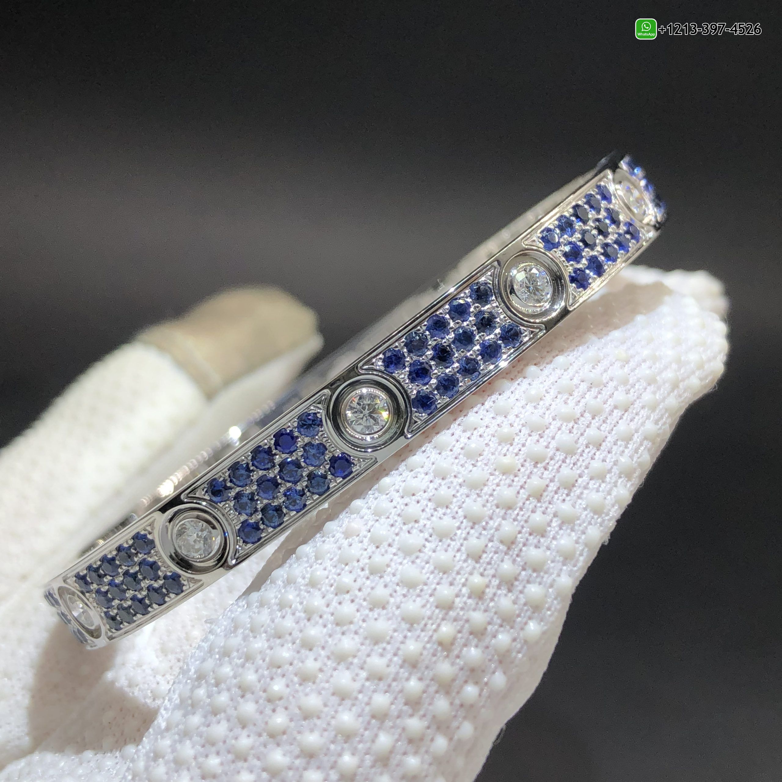 Cartier Love Blue Sapphire Paved and 10 Diamonds Single-screw Closure Classic Model 18k White Gold Bracelet