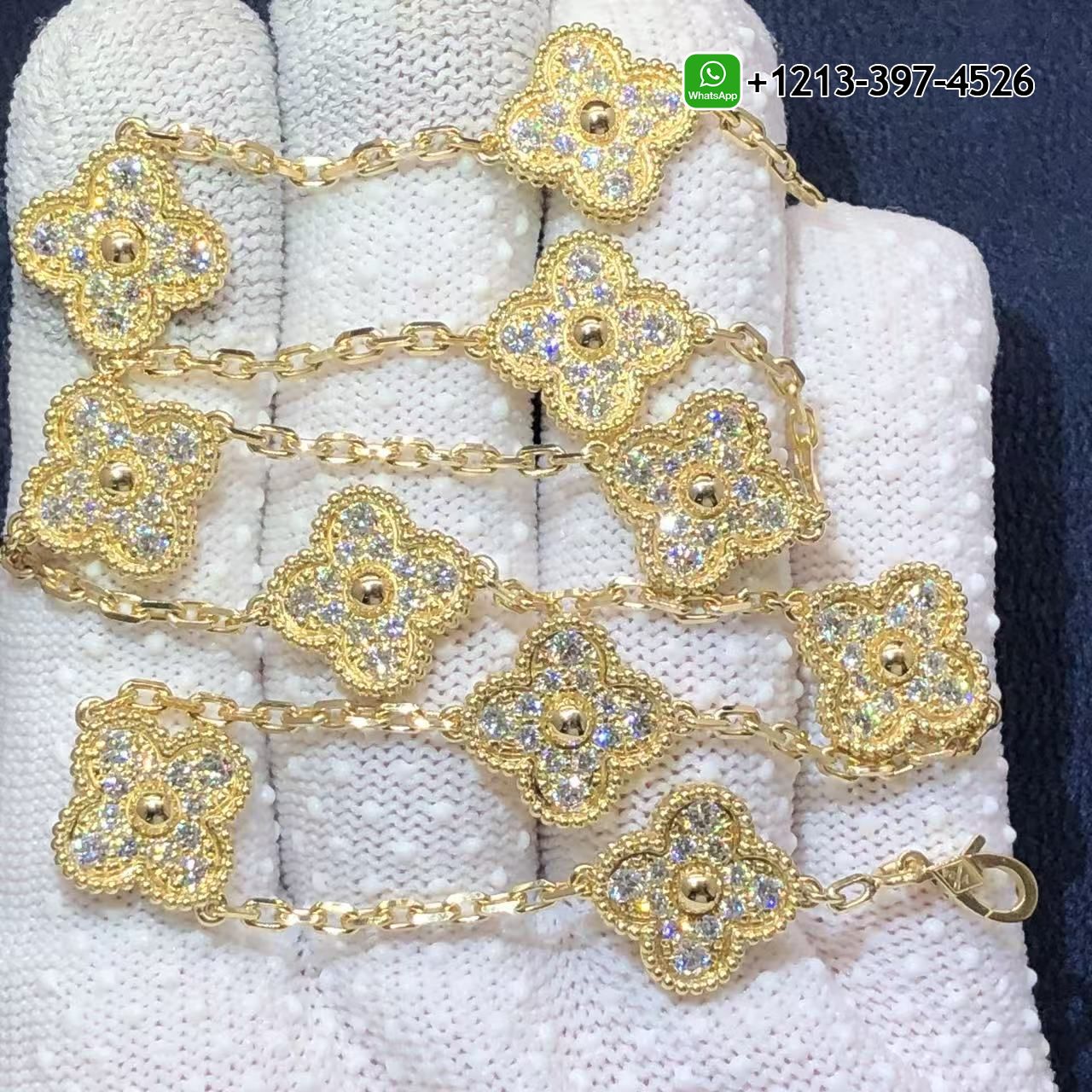 Van Cleef & Arpels Vintage Alhambra Pave Diamonds 10 Motifs 18k Yellow Gold Necklace VCARA42300